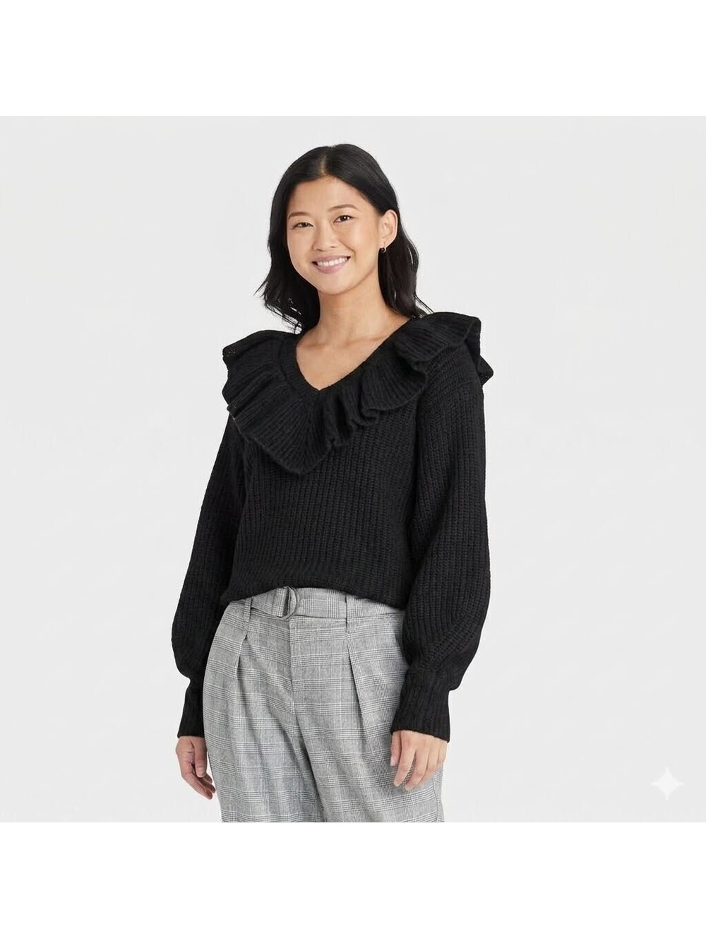 A New Day Women's V-Neck Ruffle Pullover Sweater Black Size XS Comfy